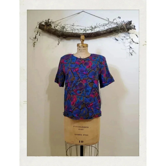 Groovy Abstract Psychadelic Blue Fushia Purple Boho Festival Loose Blouse - Picture 1 of 1